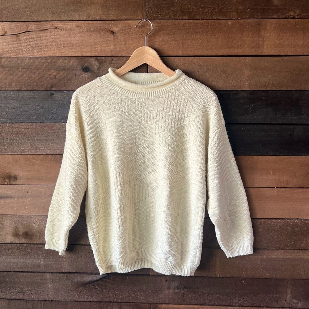 Vintage Textured Knit Sweater Cream Pullover Mock Neck Geometric Pattern